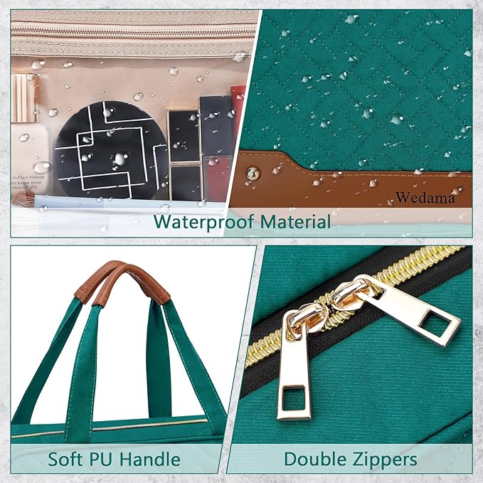 Wedama Toiletry Bag for Women, Hanging Travel Toiletry Bag with Jewelry Organizer Compartment Large Makeup Bag, PVC Waterproof Cosmetic Travel Bag Trips Camping Bathroom, Green+Brown
