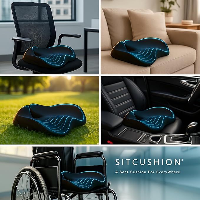 Pressure Relief Seat Cushion for Tailbone Pain – X Large Office Chair Cushion for Back Pain, Coccyx & Sciatica Pain Relief Pillow. Memory Foam Seat Cushions for Office Chairs. Extra Cover (Black)