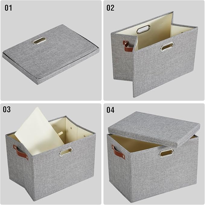 17" Large Collapsible Storage Bins with Lids, Stackable Closet Organizers with PU Handle and Labels, 3-Pack Decorative Fabric Storage Boxes for Home, Bedroom, Closet, Office, Nursery(Gray)