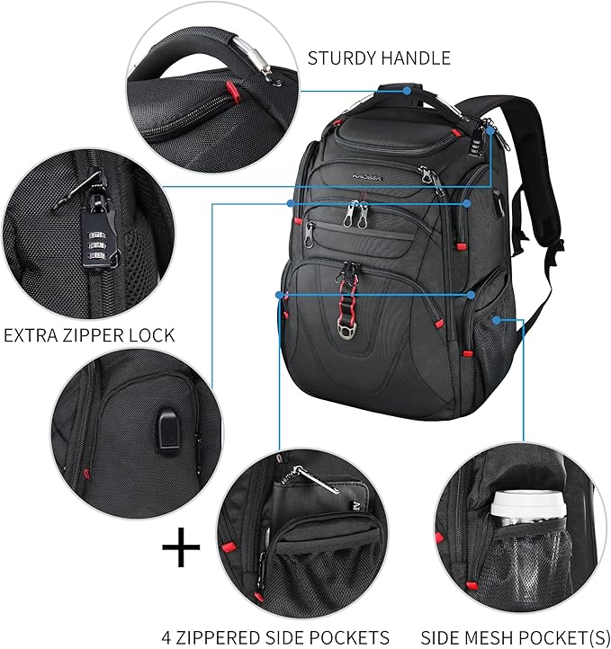 KROSER TSA Friendly Travel Laptop Backpack 17.3 inch XL Computer Backpack Water-Repellent College Daypack Business Backpack with RFID Pockets & USB Port for Men/Women-Black