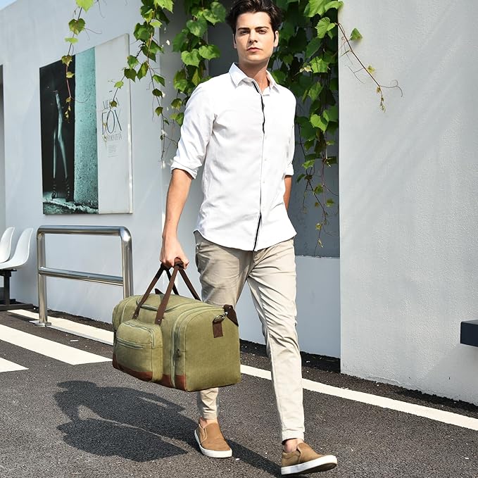 Litvyak Duffle Bag for Travel, Large 60L Canvas Travel Duffel Bags Overnight Weekend Gym Carry On Luggage Bag for Men & Women(Army Green)