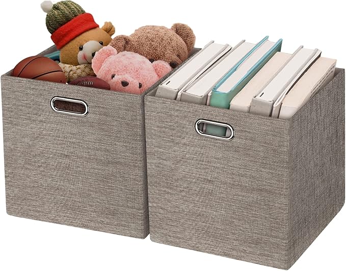 Foldable Storage Bins,13×13 Storage Cubes Basket Containers for Shelf Cabinet Bookcase Boxes,Thick Fabric Drawers - Set of 2, Coffee