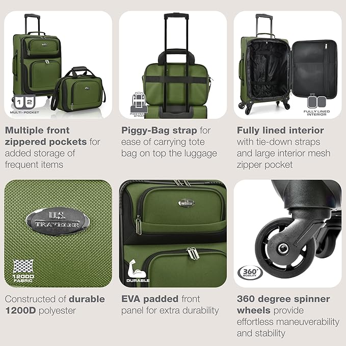 U.S. Traveler Lightweight Rolling 20" Carry On Luggage Softside Suitcase, Green, 4 Wheel