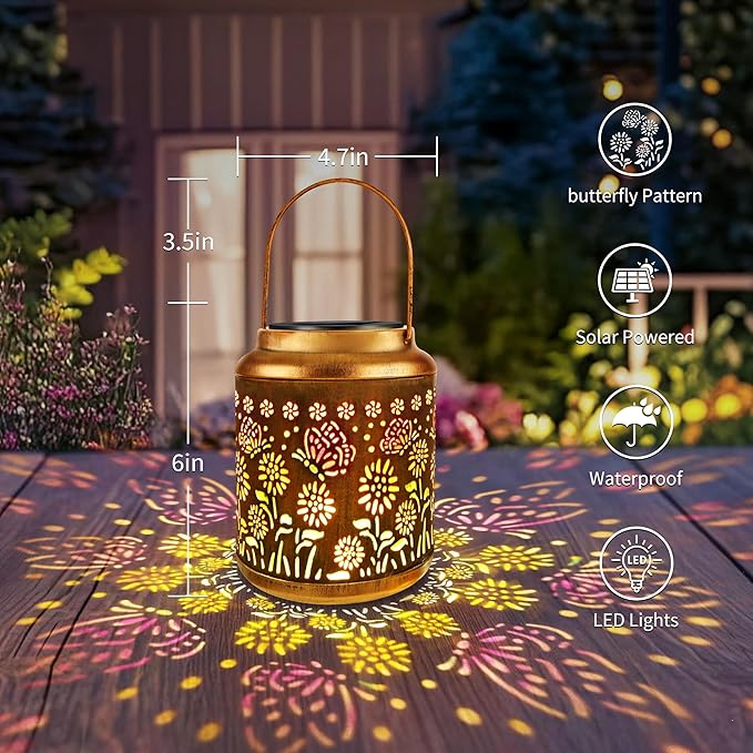 Brizled Butterfly Solar Lantern Lights with Colorful Projection, Christmas Birthday Gifts for Women Mom Grandma, Multicolor Hanging Lights Outdoor Waterproof, Solar Lantern Lights for Garden Patio