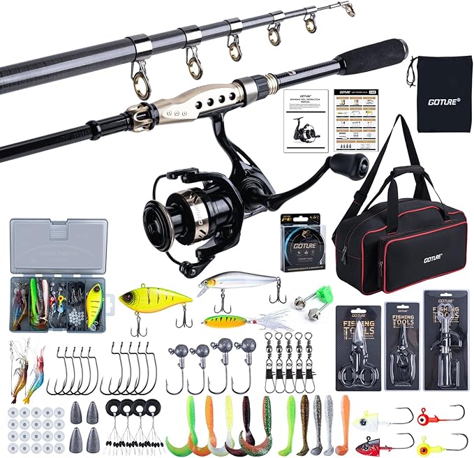 Goture Fishing Rod and Reel Combo - Carbon Fiber Telescopic Fishing Pole - Spinning Reel 9+1 Shielded Bearings Stainless Steel BB - E