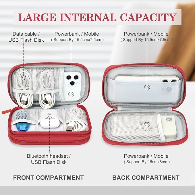 FYY Travel Cable Organizer Pouch Electronic Accessories Carry Case Portable Waterproof Double Layers All-in-One Storage Bag for Cord, Charger, Phone, Earphone Red