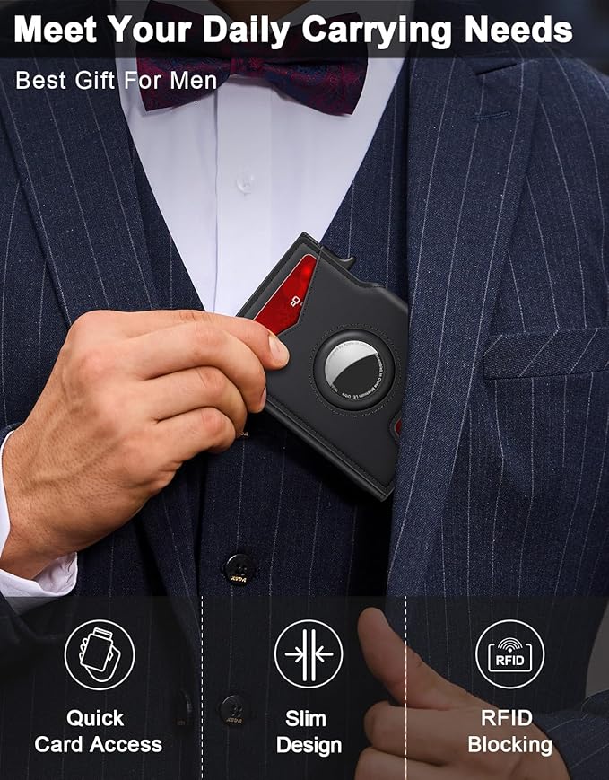 Airtag Wallet for Men, Minimalist Slim Mens Wallet Smart Pop Up Credit Card Holder for 9-13 Cards, RFID Blocking Wallet with ID Window & Cash Slot, Compact Bifold Metal Aluminum Card Case