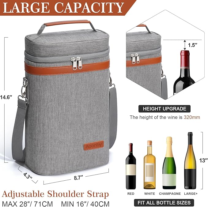 2 Bottle Wine Bag Wine Cooler Carrier Wine Gift Tote Bag, Leakproof & Insulated Bottle Bags for Travel, BYOB, Beach, Dinner, Party, Christmas Gifts for Wines Lovers Women Men - Gray