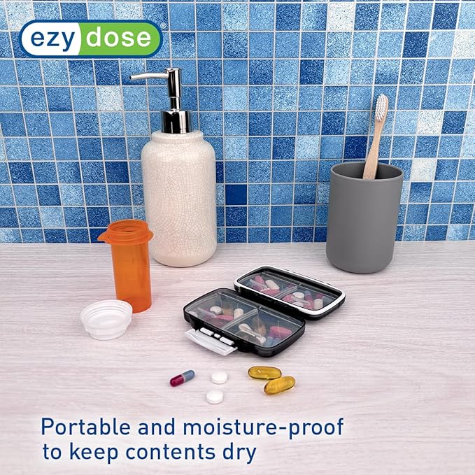 EZY DOSE Moisture-Proof Pill Case, Medicine Planner, Vitamin Organizer Box, Travel-Friendly, Latch-Closure to Secure Contents, 4 Individual Compartments of Multiple Sizes with Tight Seal, Small, Black