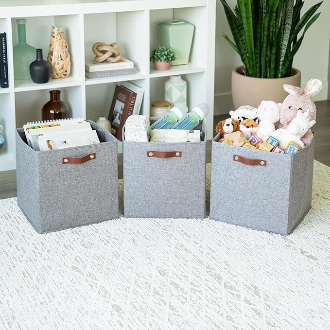 OrganiHaus 13x13 Cube Fabric Storage Bins Set of 4, Fabric Storage Cubes w/ Vegan Handles, 13 inch Collapsible Bins for Clothes & Toy Organizer, Cubbies Organizer, 13x13 Basket for Decor - Grey