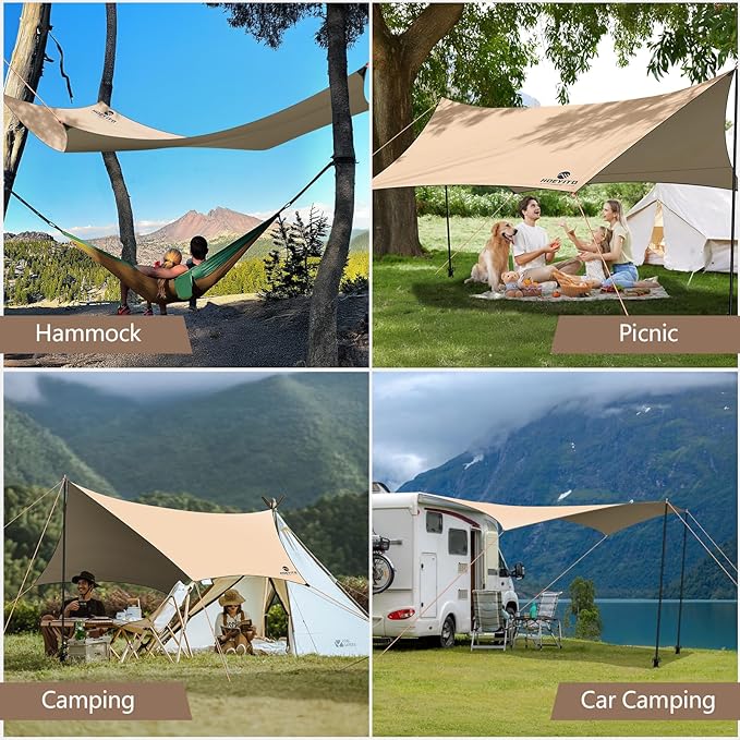 Camping Tarp with Poles & Retainer,15x12.5FT Large Waterproof 210D Oxford Cloth Camping Canopy, Anti-UV UPF100+ Tent Tarp Car Awning for Outdoor, Picnic, Hammock, Car, Backpacking (Khaki)