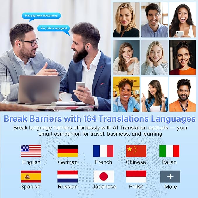 AI Translation Earbuds Real Time with Audio and Video Calls, 164 Language/7 Translation Modes Translator Earbuds Bluetooth 5.4 with APP, 48H AI Ear Buds Translator Device for Business/Learning, Gold
