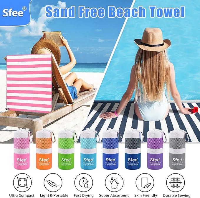 Sfee 2 in 1 Microfiber Beach Towel, Quick Dry Towel Camping Travel Towel Super Absorbent Compact Lightweight Sports Towel Gym Towels Set for Beach, Gym, Hiking, Pool, Backpacking, Bath, Yoga