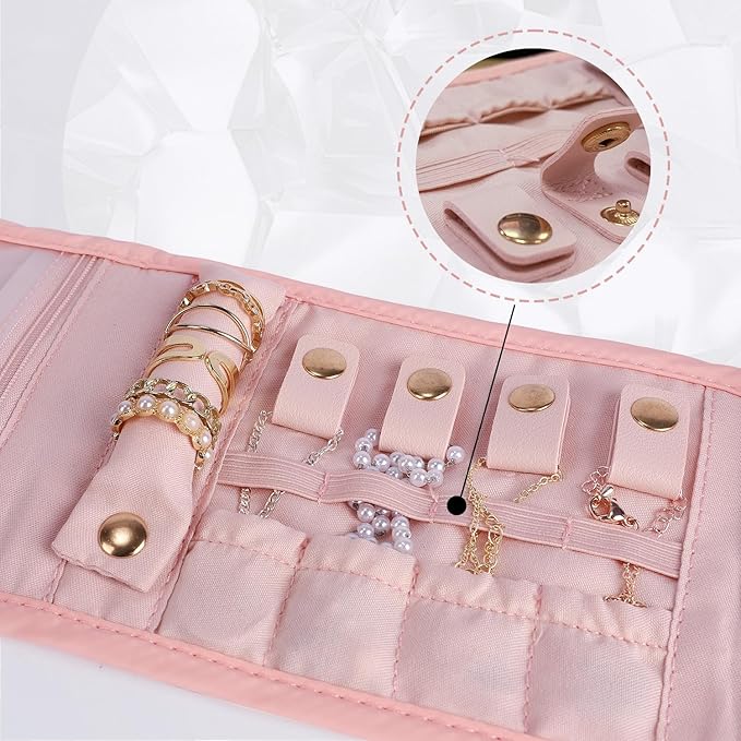 emissary Small Jewelry Travel Case Organizer for Necklace, Earrings, Rings, Bracelet, Jewelry Storage, Earring Storage, Necklace Storage, Valentines Day Gifts Pouch Bag Accessories for Travel (Pink)