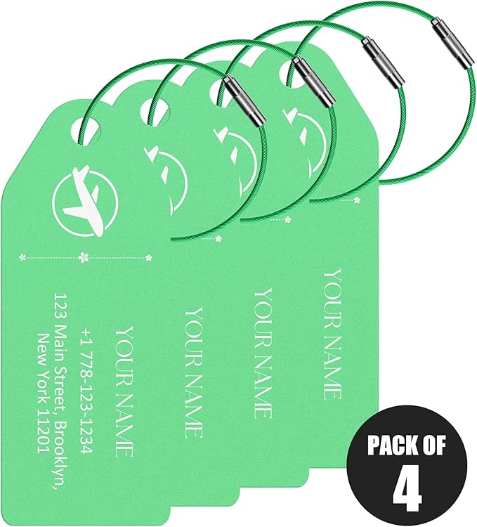 4 PCS Personalized Metal Luggage Tag – Personalized Engraved Suitcase Tag, Backpack Tag, with Matching Color Strap, Waterproof Suitcase Name Badge – Ideal Corporate Gift & Travel Accessory (Green)