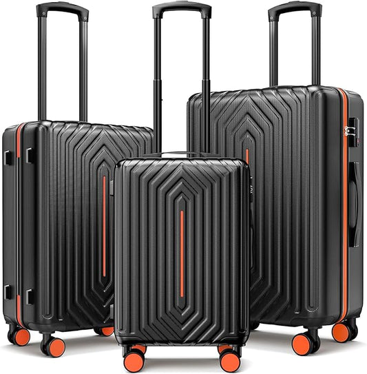 Luggage Sets 3 Piece Hardside Suitcase with Double Spinner Wheels Durable Lightweight Shell with Tsa Lock (20/24/28in) Orange With Black
