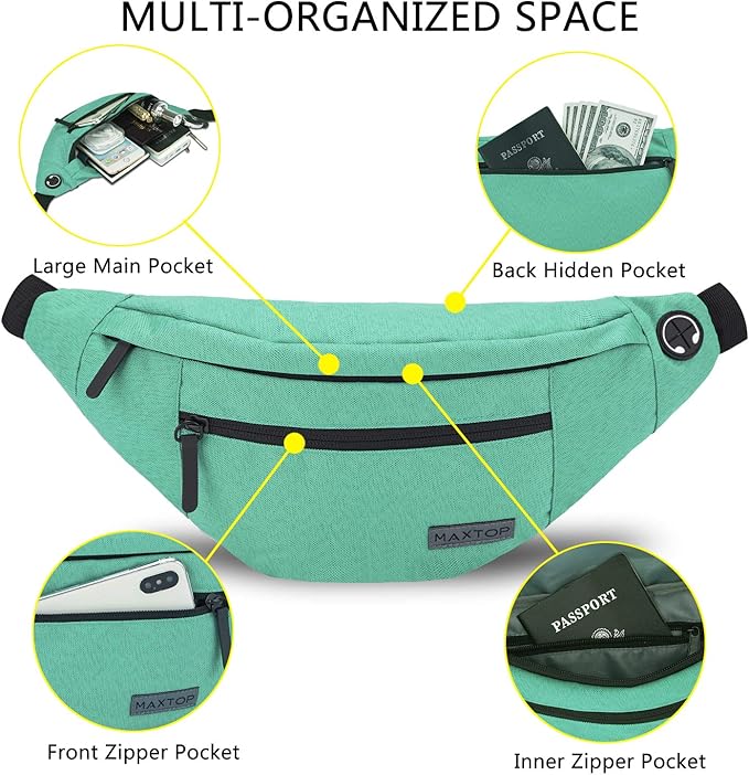 MAXTOP Large Crossbody Fanny Pack with 4-Zipper Pockets,Gifts for Enjoy Sports Festival Workout Traveling Running Casual Hands-Free Wallets Waist Pack Phone Bag Carrying All Phones