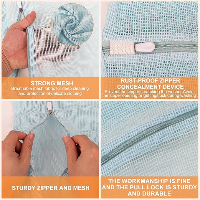 4-Piece Blue Medium Durable Organic Cotton Mesh Laundry Bags with Sturdy Zippers and Breathable Mesh are Delicate Laundry Bags for Underwear, Clothes, Pants and Socks