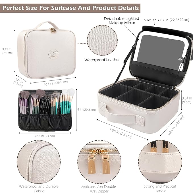 MOMIRA Travel Makeup Bag Cosmetic Bag Makeup Organizer Bag with Lighted Mirror, Adjustable Brightness in 3 Color Scenarios, Waterproof Makeup Train Case, Gift for Women - Khaki