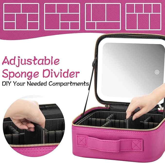 Makeup Travel Train Case with Mirror LED Light 3 Adjustable Brightness Large Cosmetic Bag Portable Storage Adjustable Partition Waterproof Makeup Brushes Make up Jewelry Gift for Women