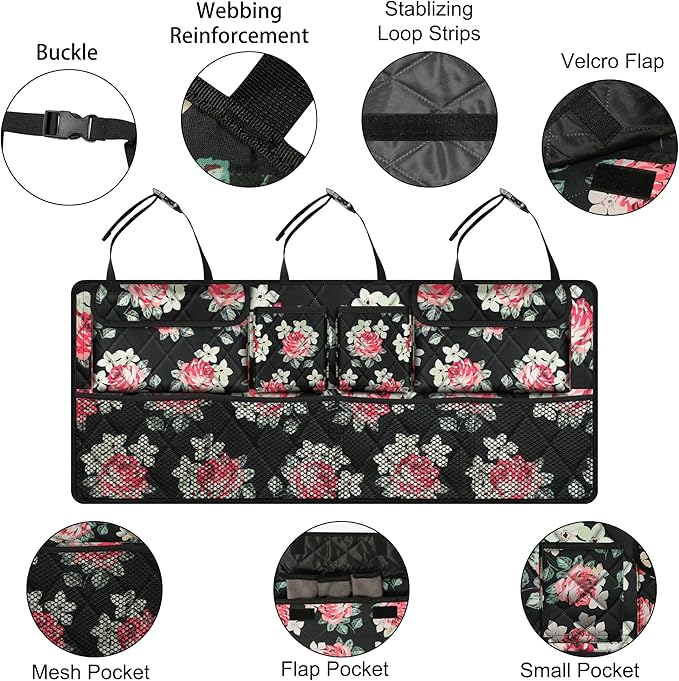 Car Trunk Organizer,Large Capacity Backseat Trunk Organizer(42"*18"),Collapsible Car Storage Bag with 8 Pocekt,Car Organizer for SUV/MPV/Truck - Floral