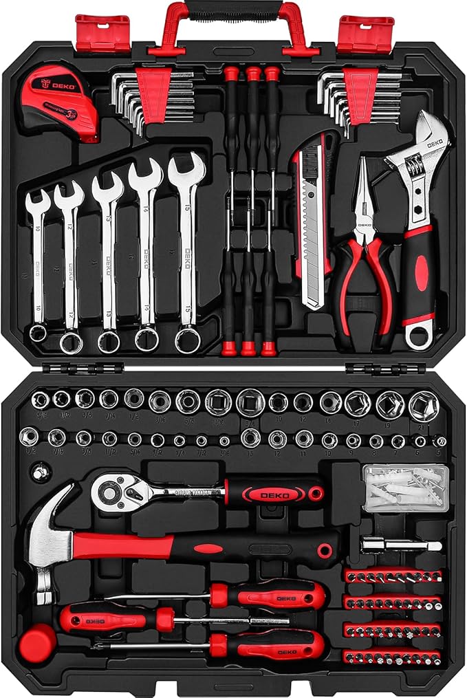 DEKOPRO Tool Set:158 Piece Home Tool Kit, Household Basic Repair Tool Set Comes with Plastic Storage Case-Red