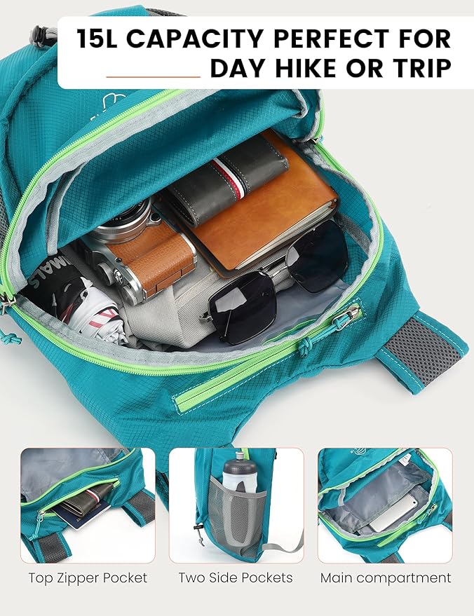 SKYSPER 15L Lightweight Small Hiking Backpack for Women Men, Foldable Travel Daypack, Packable Camping Backpack, Mini Outdoor Hiking Bag (Cyan)