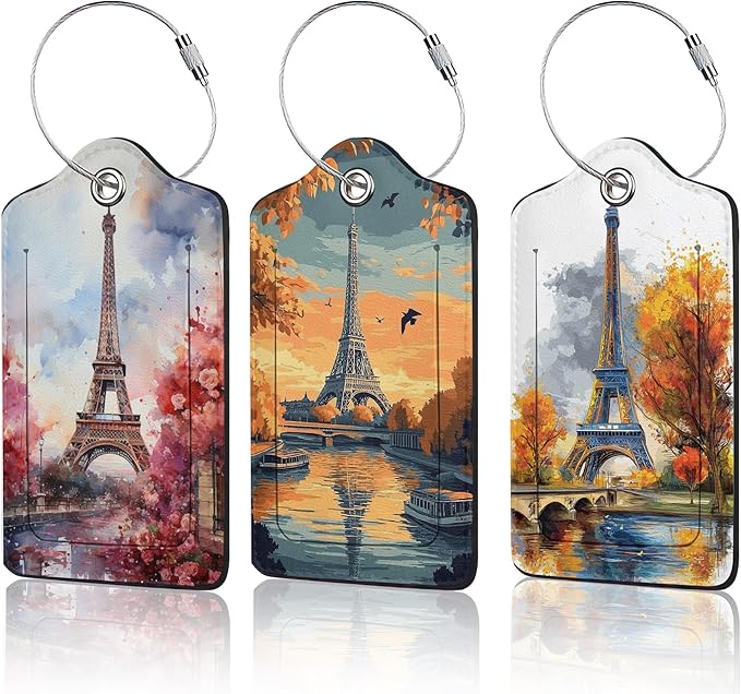3 Pack Eiffel Tower Luggage Tags for Suitcases, Paris Cute Leather Name Tag with Privacy Cover with Stainless Steel Loops, Travel ID Bag Tags for Women Men