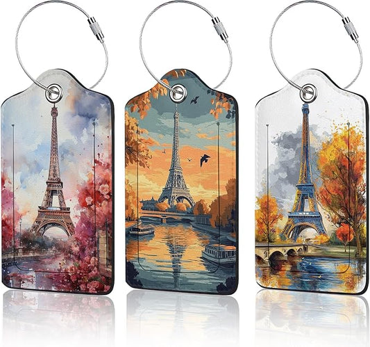 3 Pack Eiffel Tower Luggage Tags for Suitcases, Paris Cute Leather Name Tag with Privacy Cover with Stainless Steel Loops, Travel ID Bag Tags for Women Men