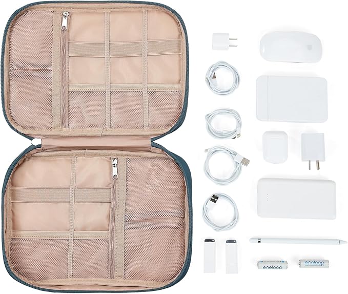 NISHEL Travel Cord Organizer Case, Tech Electronic Bag, Essentials for Charger, Cable, Phone, Hard Drive, USB, SD Card, Lake-Blue