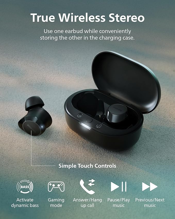 PHILIPS TAT1219 Wireless Earbuds,True Wireless Headphones,Powerful Bass with 10 mm Driver,Clear Call Quality with AI Mic,18 H Battery Life,Bluetooth 5.3,IPX4 Rating,Ergonomic Design for Comfort,Black