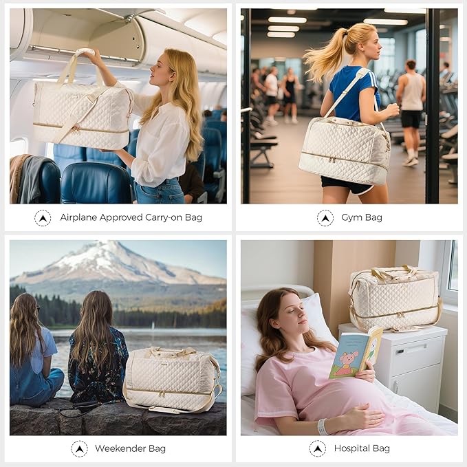 Gloppie Weekender Bags for Women with Shoe Compartment, 39L Large Travel Duffel Bag, Carry On Overnight Gym Bags with Wet Pocket, Hospital Bag for Women Labor Delivery, 2 Pcs Set, Beige