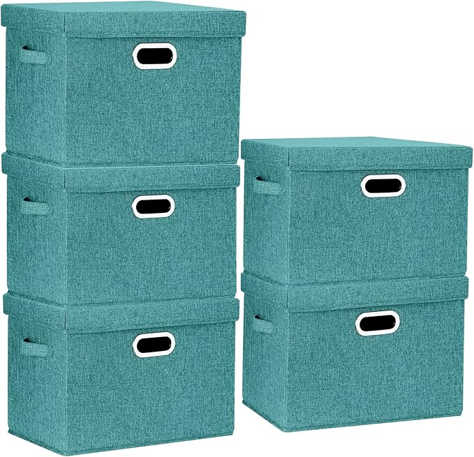 TYEERS Large Storage Bins with Lids, Collapsible, Washable, Fabric Storage Boxes for Organizing, 17.3x11.8x11.4 inches, 5 Pack, Aqua Deep