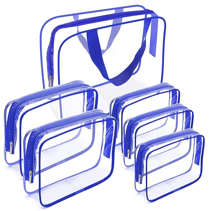 APREUTY Clear Makeup Bags, TSA Approved 6Pcs Cosmetic Makeup Bag Set Clear PVC with Zipper Handle Portable Travel Luggage Pouch Airport Airline Vacation (Blue)
