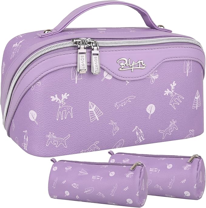 BOYATU Travel Makeup Bag Cosmetic Bags for Women: 3 Pcs Set Portable Make up Bag with Handle - Vegan Leather Toiletry Bags with Compartments - Makeup Organizer for Travel Essentials(04-Lilac)