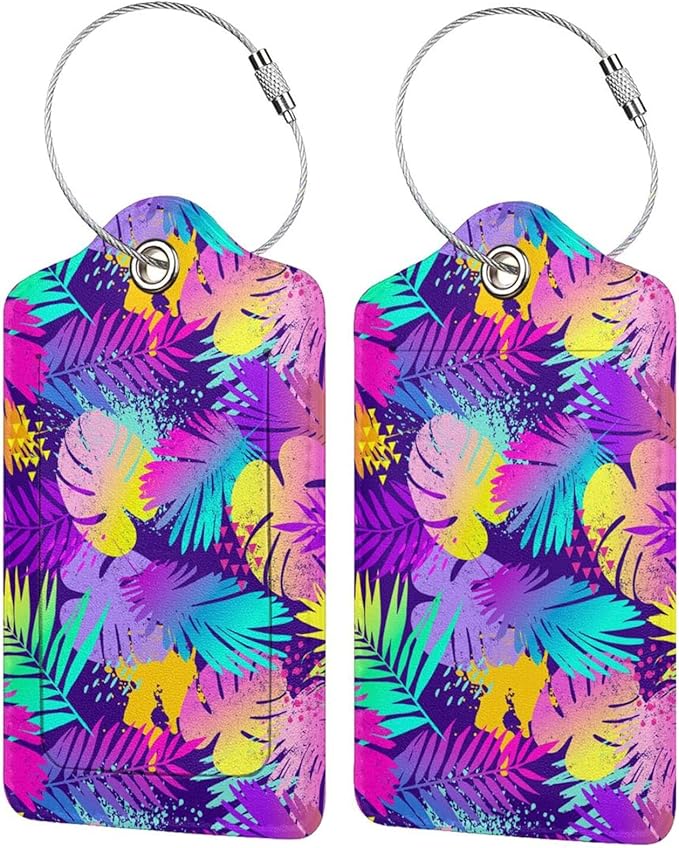 Set of 2 Purple Leaves of Palms Tree Luggage Tags for Suitcases, Colorful Art Tropical Flavour Leather Suitcase Tag Name Identifiers Labels for Travel Bag Baggage Backpack