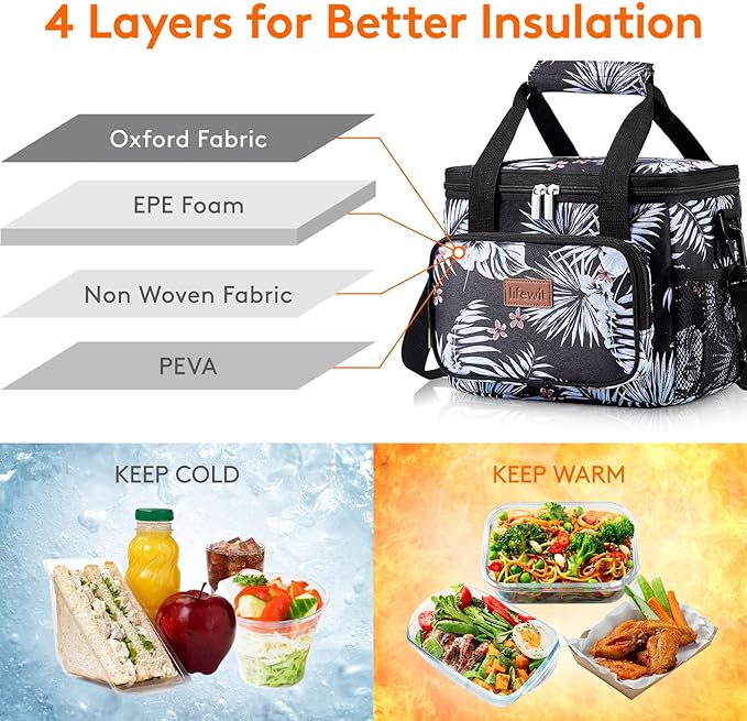 Lifewit Medium Lunch Bag Insulated Lunch Box Soft Cooler Cooling Tote for Adult Men Women, Flower 12-Can (9L)