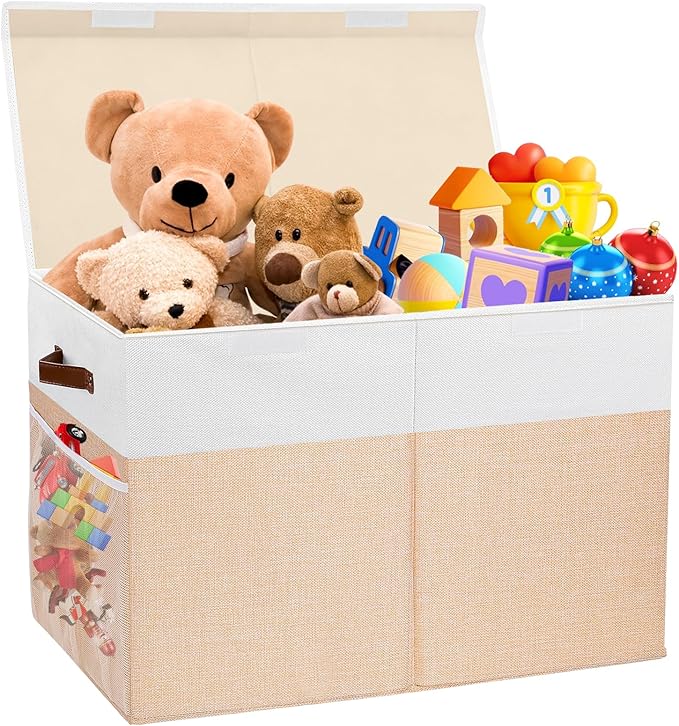 Large Toy Storage Box with Lid, Collapsible Sturdy Toys Storage Organizer Chest Bin Basket with Divider for Kids, Boys, Girls, Closet, Playroom, Bedroom, Nursery, 26"x17"x17" (Beige and White)
