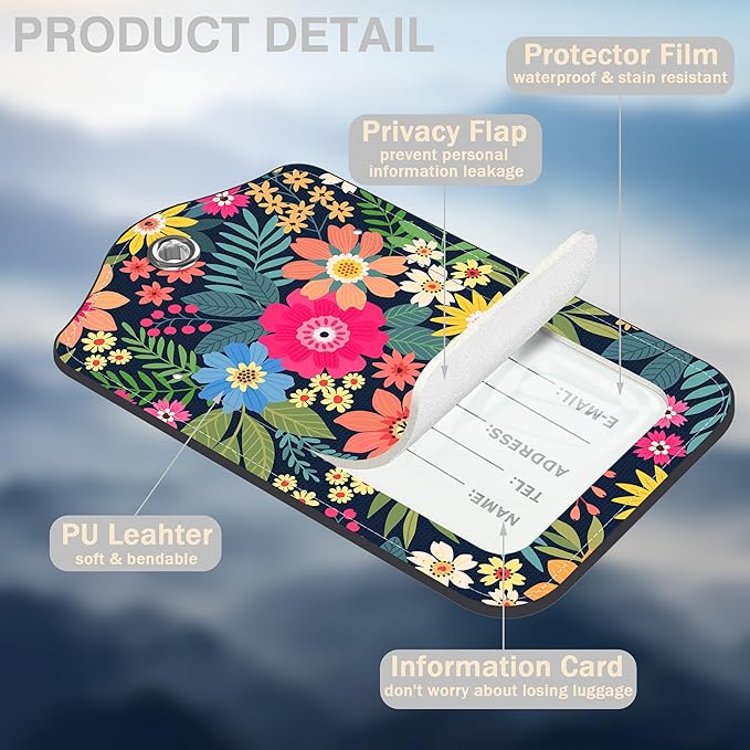 2 Pcs Colorful Flowers and Leaves Luggage Tags for Suitcases PU Leather Baggage Tags Name ID Label with Privacy Cover and Stainless Steel Loop for Men Women Travel Bag Suitcase