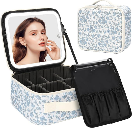 Chomeiu Makeup Bag with LED Mirror, Cute Cosmetic Bags Birthday Gifts for Girls Women, Makeup Train Case Artists Organizer Large Make Up Bags with Light Up Mirror 3 Color Lights, Floral Print