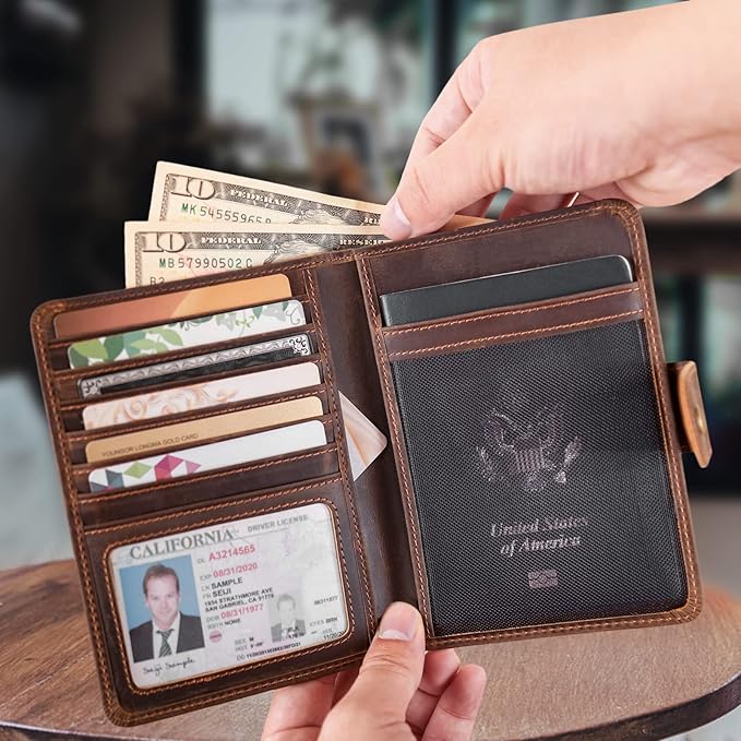 Polare Luxury RFID Blocking Leather Passport Holder Travel Wallet For Men and Women (Dark Brown(Snap Version))