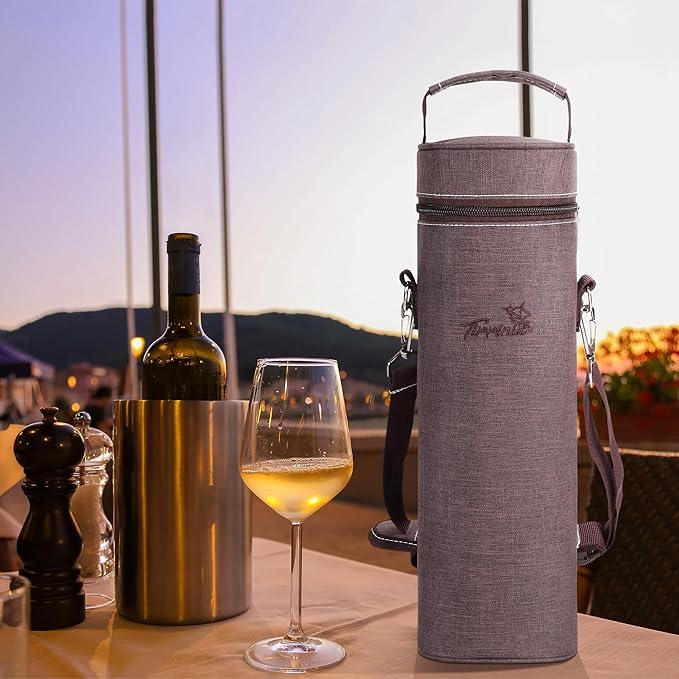 Tirrinia Single Bottle Wine Gift Carrier Bag, Insulated Travel Wine Cooler Tote with Shoulder Strap for Picnic, Party, BYOB Restaurant, Portable One Bottle Wine Chiller Container, Gift for Wine Lovers