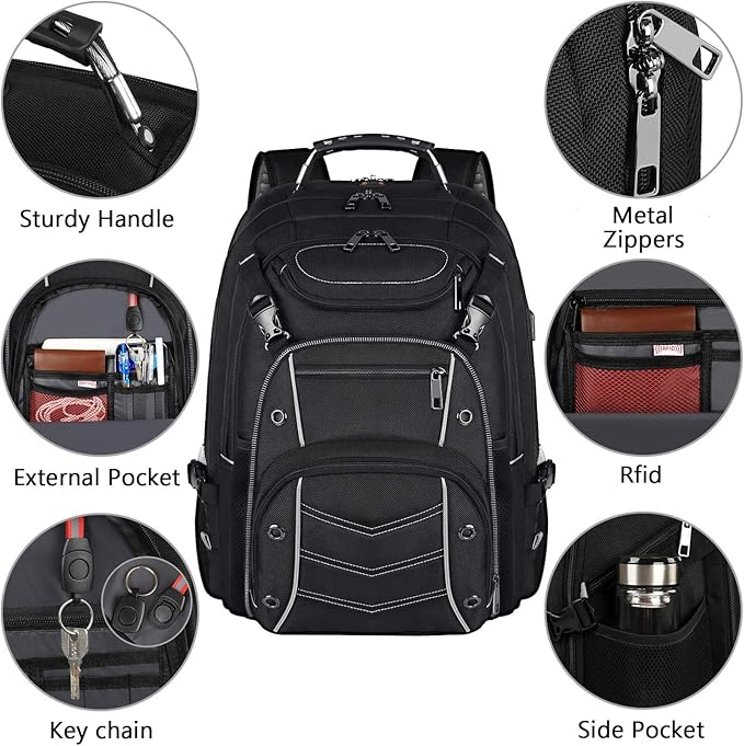 VECKUSON 18.4 Laptop Backpack for unisex, 60L Extra Large Gaming Laptops Back Bag with USB Charger Port,TSA Friendly Flight Approved and RFID Anti-Theft Pocket Heavy-duty Pack,21.3*15.7*11.8inch Grey