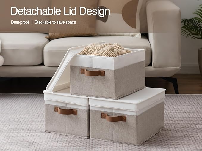 StorageWorks Large Storage Bins with Lids, Decorative Storage Boxes with Lid and PU Handles, Foldable Storage Baskets for Closet, Shelves, Stackable, Brown and White, 3-Pack