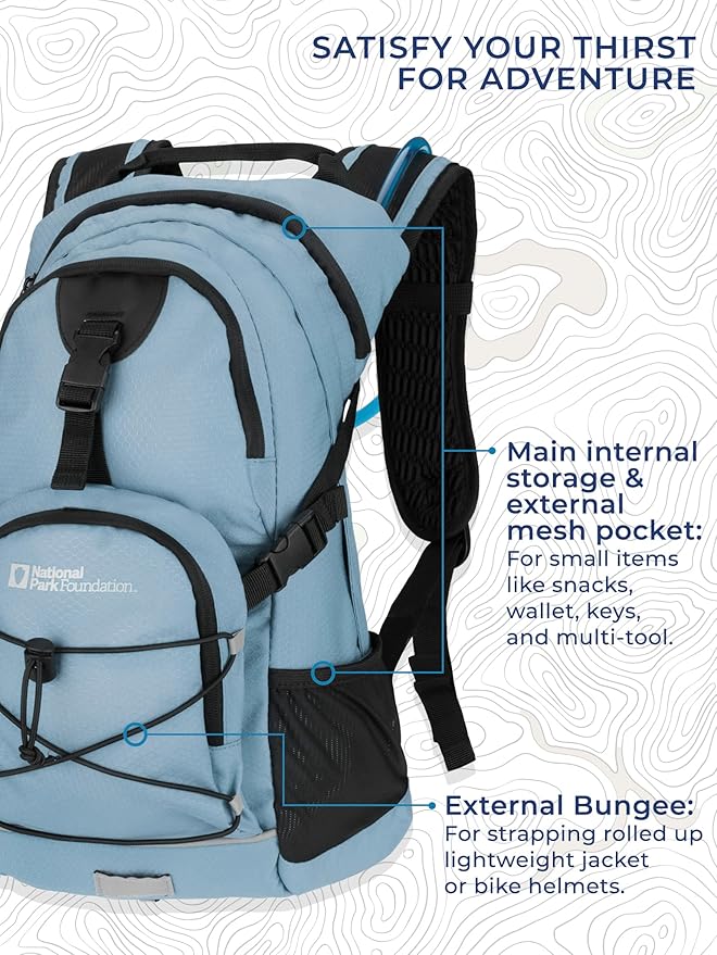 National Park Foundation 18L Hydration Backpack with 2 Liter Hydro Water Bladder Bag, Lightweight Daypack for Cycling, Hiking, Running, Climbing, for Men Women Kids