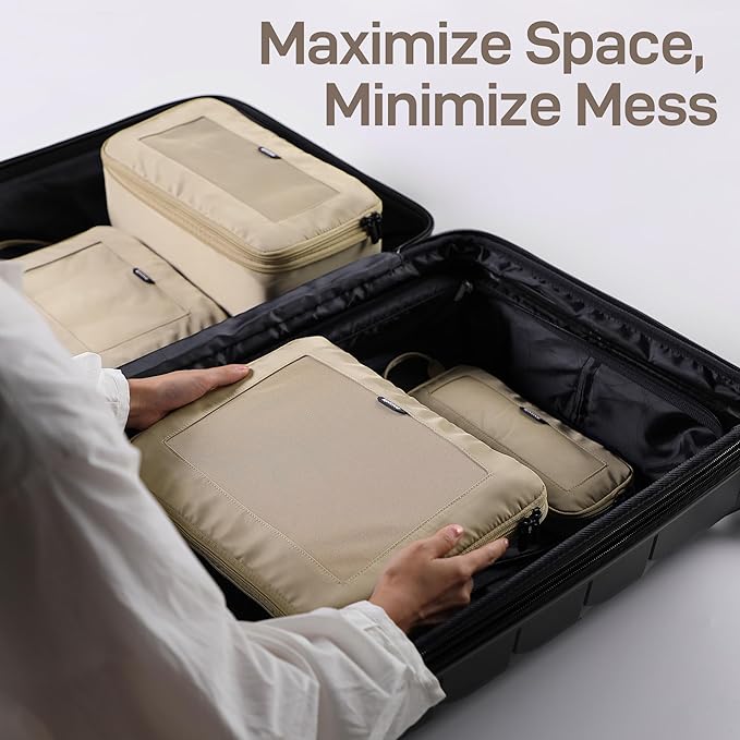 EPICKA TripCozy Compression Packing Cubes - 6 Set Durable Travel Organizer Bags with Mesh Top, Expandable Travel Accessories for Carry on, Luggage, Suitcase, Backpack (Khaki)