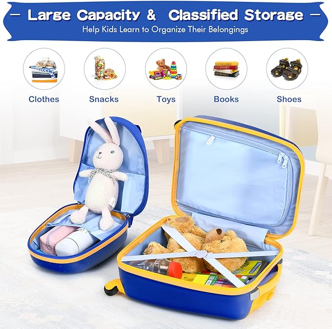 HONEY JOY Kids Luggage, 12" Toddler Backpack & 16" Travel Suitcase with Wheels, Lightweight Toddler Girls Suitcase, Durable ABS Hardshell, 2Pcs Carry On Luggage Set for Boys Girls