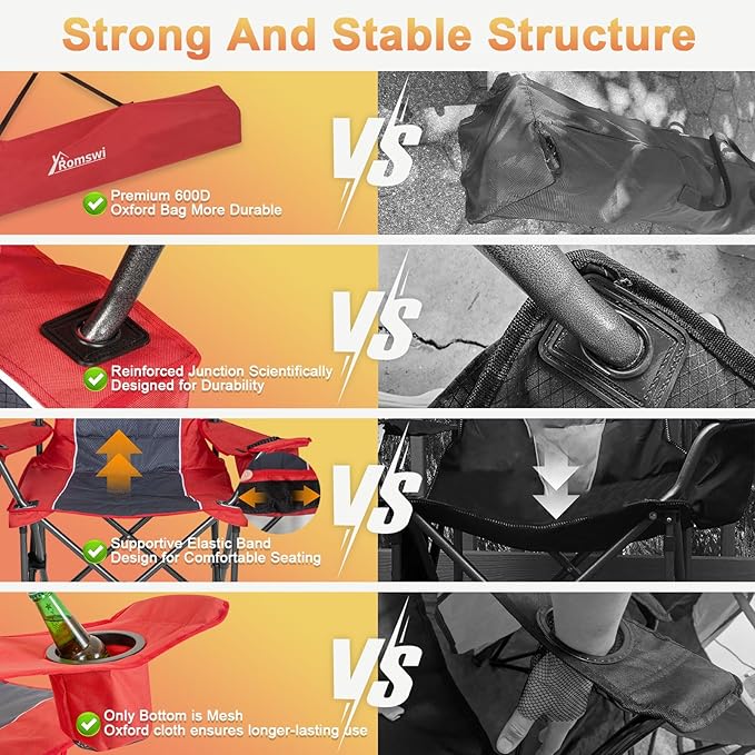 Romswi Oversized Camping Chairs,Heavy Duty Support 500 LBS,Padded Back & Arm Sport Chairs, Cup Holder Cooler Bag, Collapsible Folding Chairs for Outdoor, Fishing & Garden, Red,2-Pack