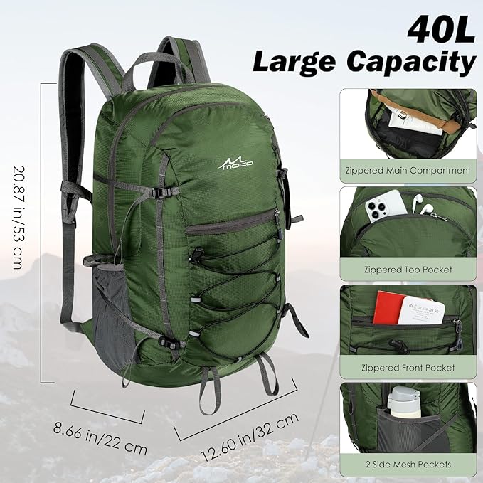 MoKo Hiking Backpack, 40L Large Capacity Camping Backpack with Multiple Pockets, Tear-Resistant Travel Daypack for Men Women, Packable and Lightweight Hiking Daypack for Travel Camping Outdoor, Olive
