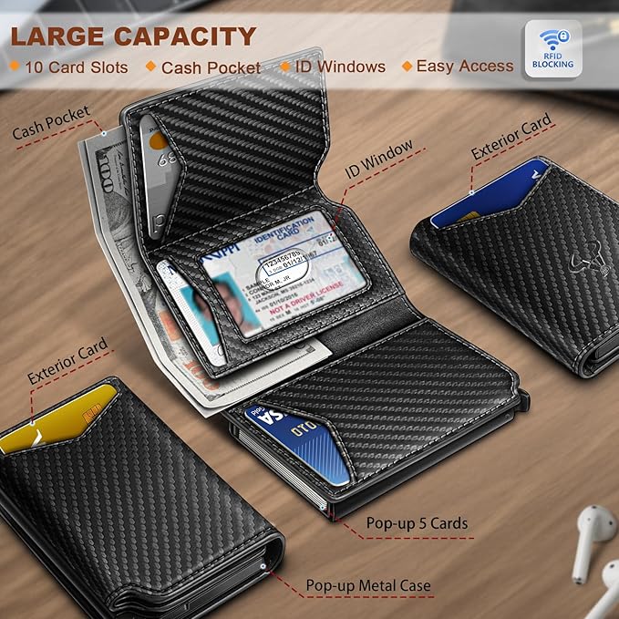 BULLIANT Men Wallet Leather Wallet Card Holders Money Clip for Men 10Cards-Magnetic Flip on Metal Case